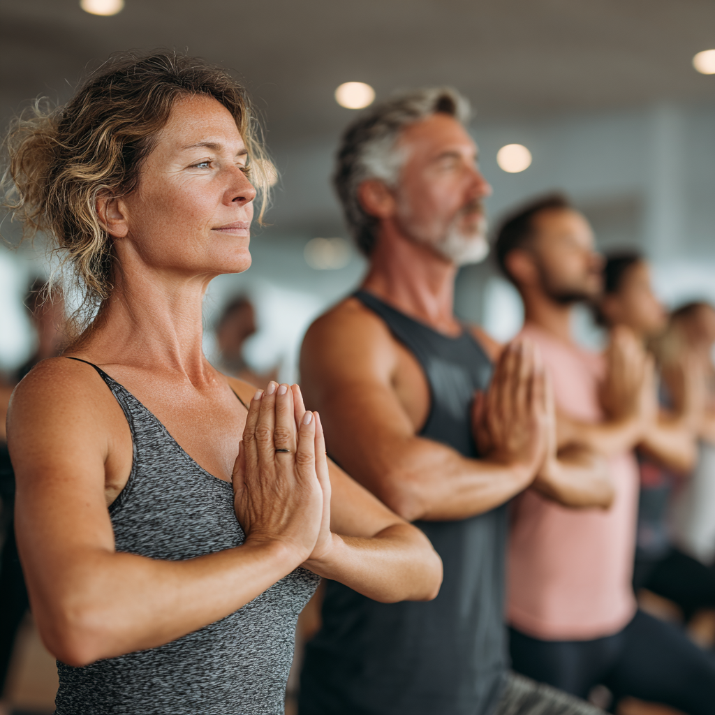 Group of mature adults aged 40-55 practicing yoga together in a bright studio space, demonstrating various yoga poses with focused expressions, wearing comfortable workout attire